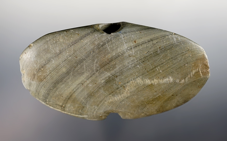 4 1/8" Wing Bannerstone found in Portage Co., Ohio. Made from Banded Glacial Slate. Ex. Wehrle.