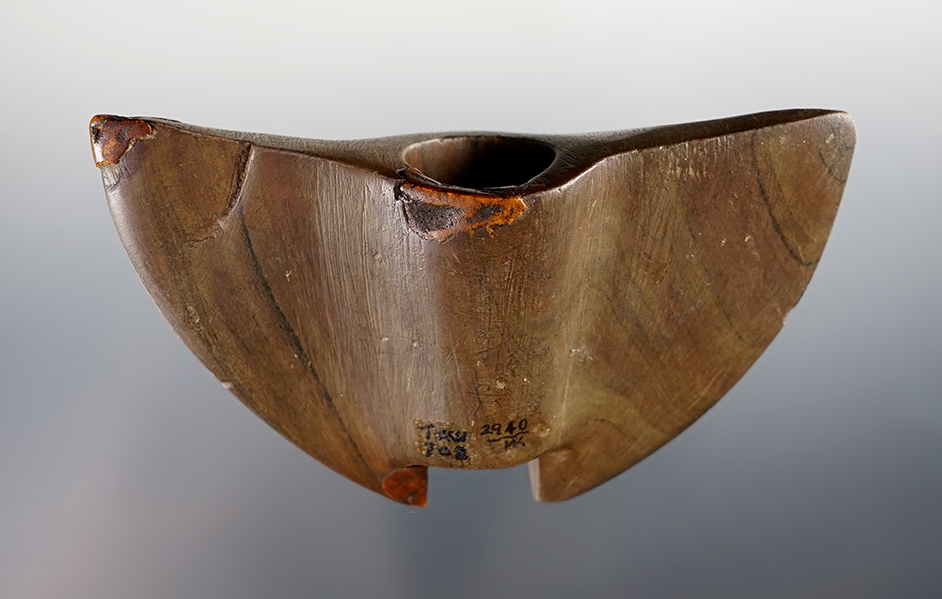 4" x 2 1/8" Single Notch Wing Bannerstone found in Trumbull Co., Ohio. Pictured. Some restoration.