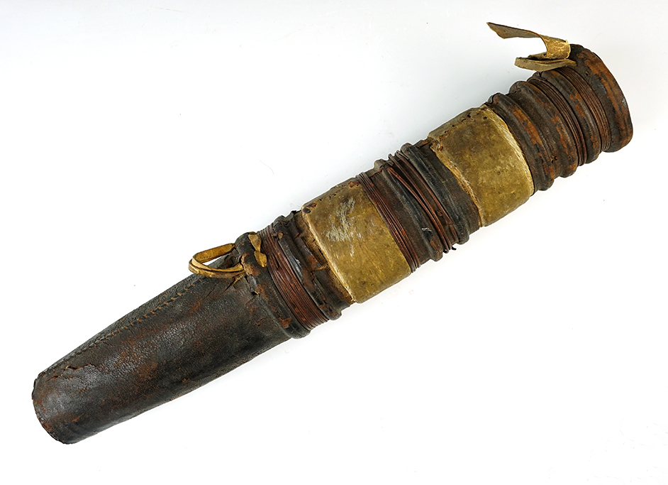 Unique 15" long by 2 1/2" wide wood and leather Precolumbian Quiver recovered in South America. 