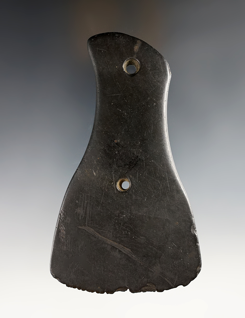 Anciently salvaged 4 11/16" Constricted Center Gorget with 20 tally marks, Whitley Co., Indiana. 