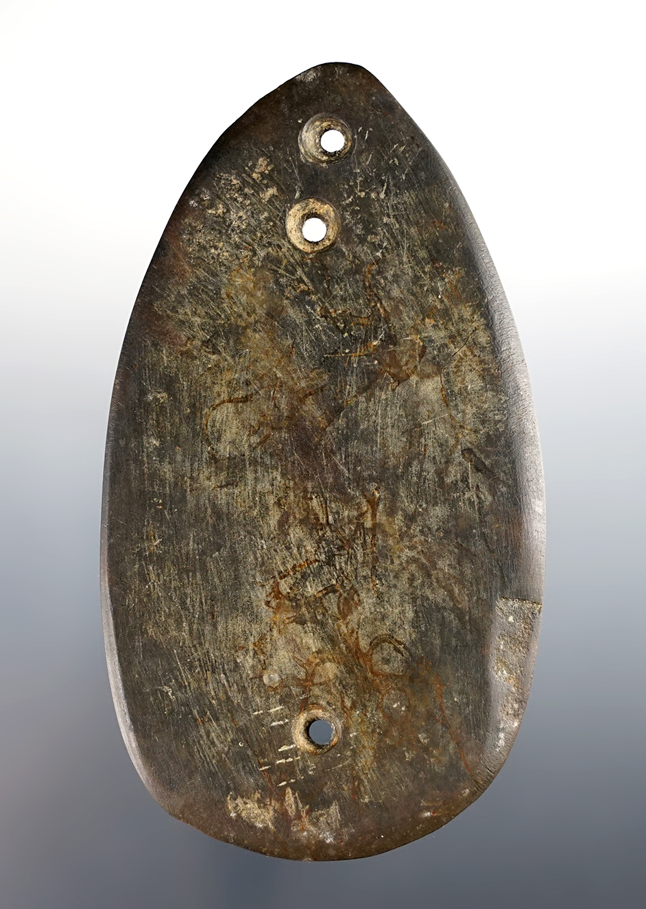 Unique 4 1/8" 3-Hole Gorget found in Richland Co., Ohio.