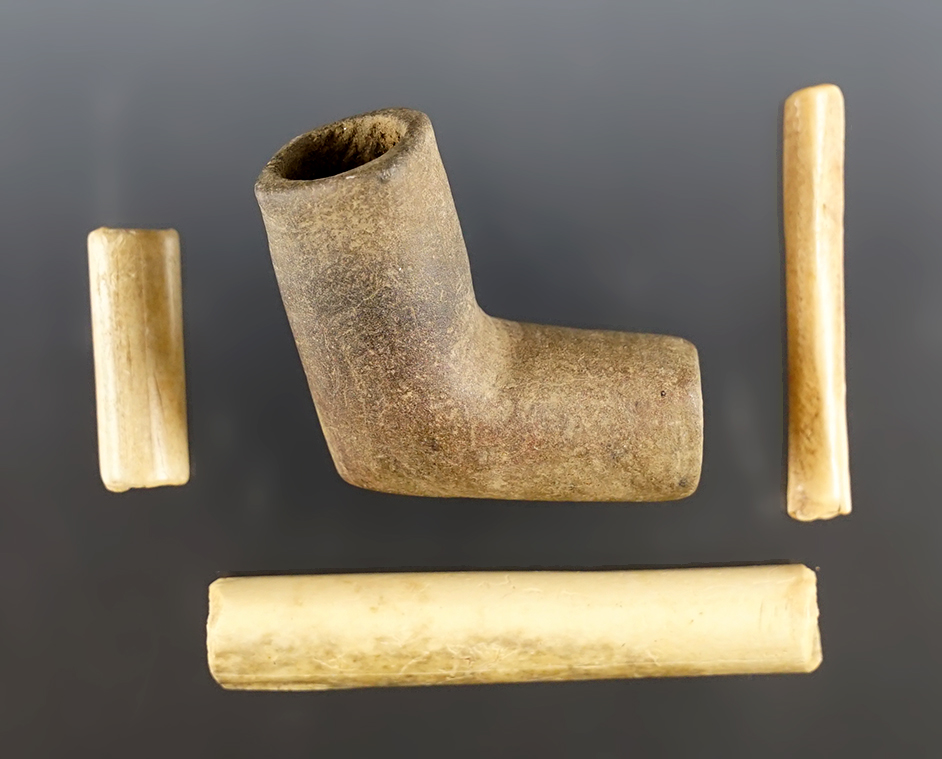 Four artifacts recovered from the Hunt Site in Belmont Co., Ohio. Largest is 2 7/8".