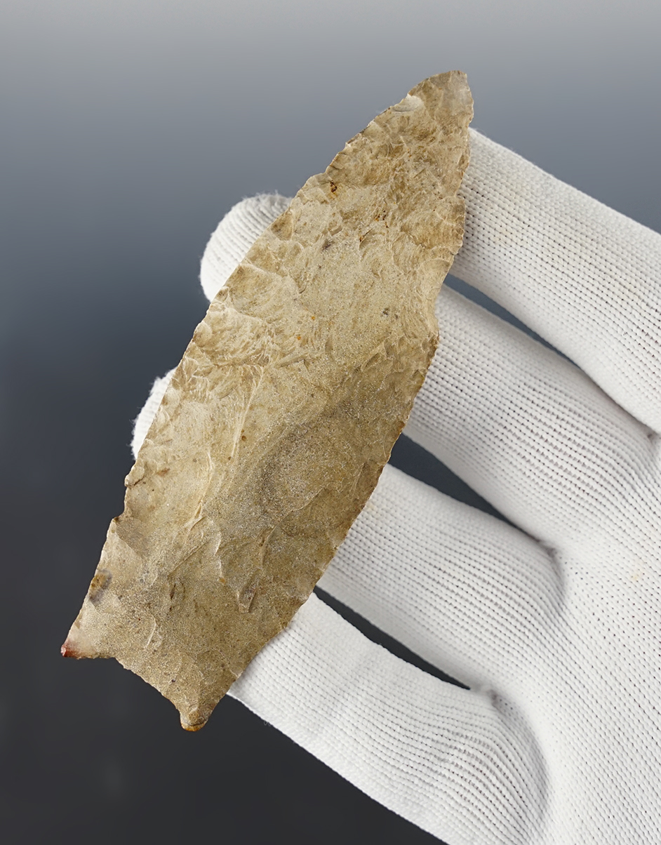 Well patinated 4 1/4" Clovis Knife found by Elsie Lewis on the Lewis Farm, Missouri. Ex. Lewis.