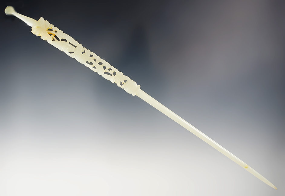 8 7/8" long Mutton Fat Jade Hair Pin that is ornately carved. Recovered in China. 