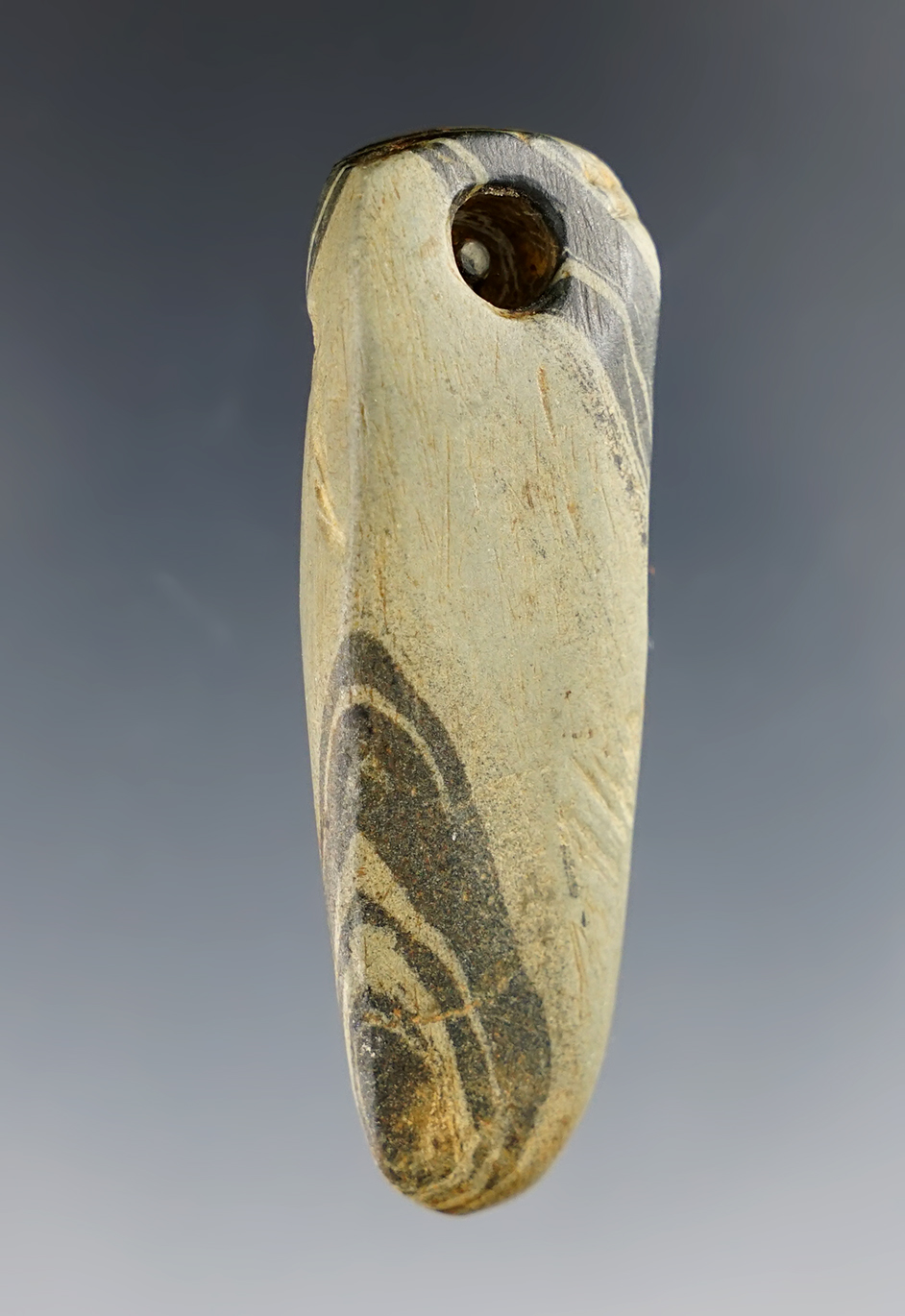 Fine 2 1/8" Miniature Pendant made from well patinated Banded Slate. Pictured. Ex. Meuser.