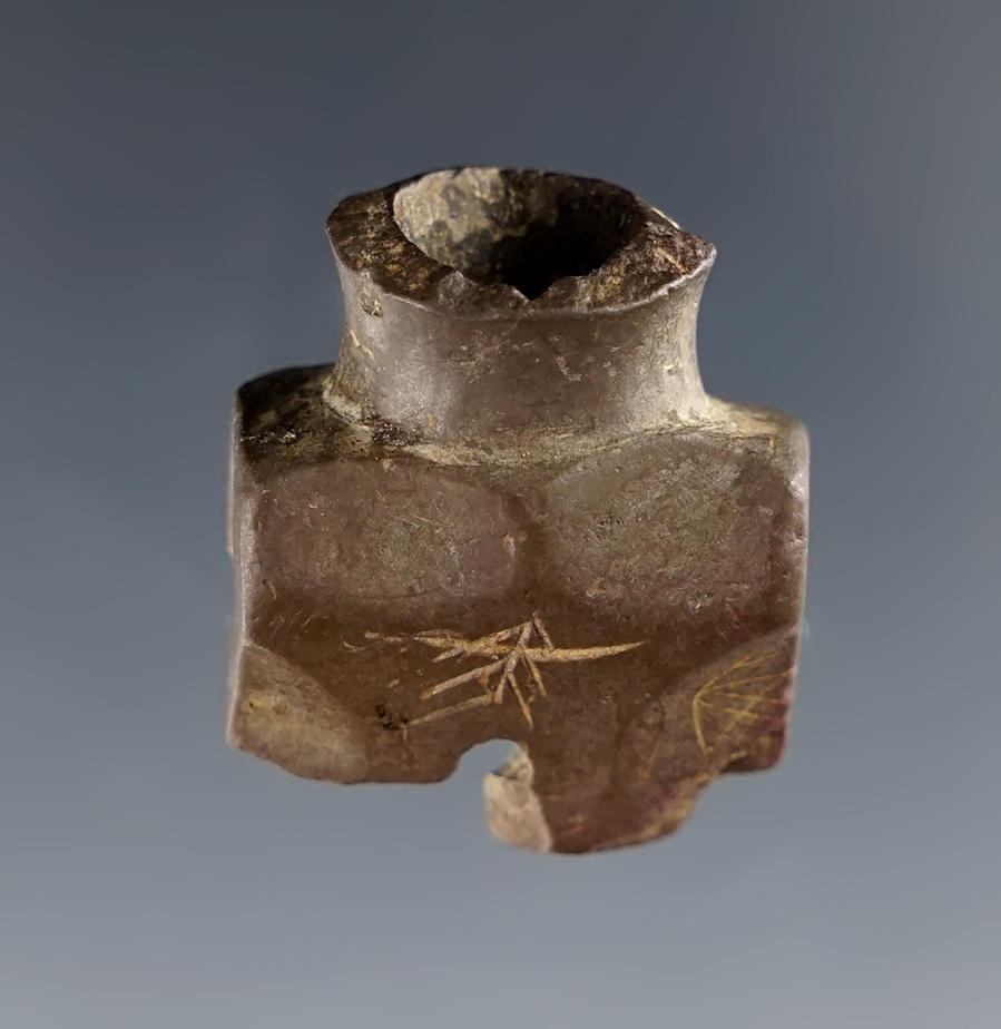 Well made 15/16" miniature Pipe with engravings on both sides. Found in Wood Co., Ohio. 