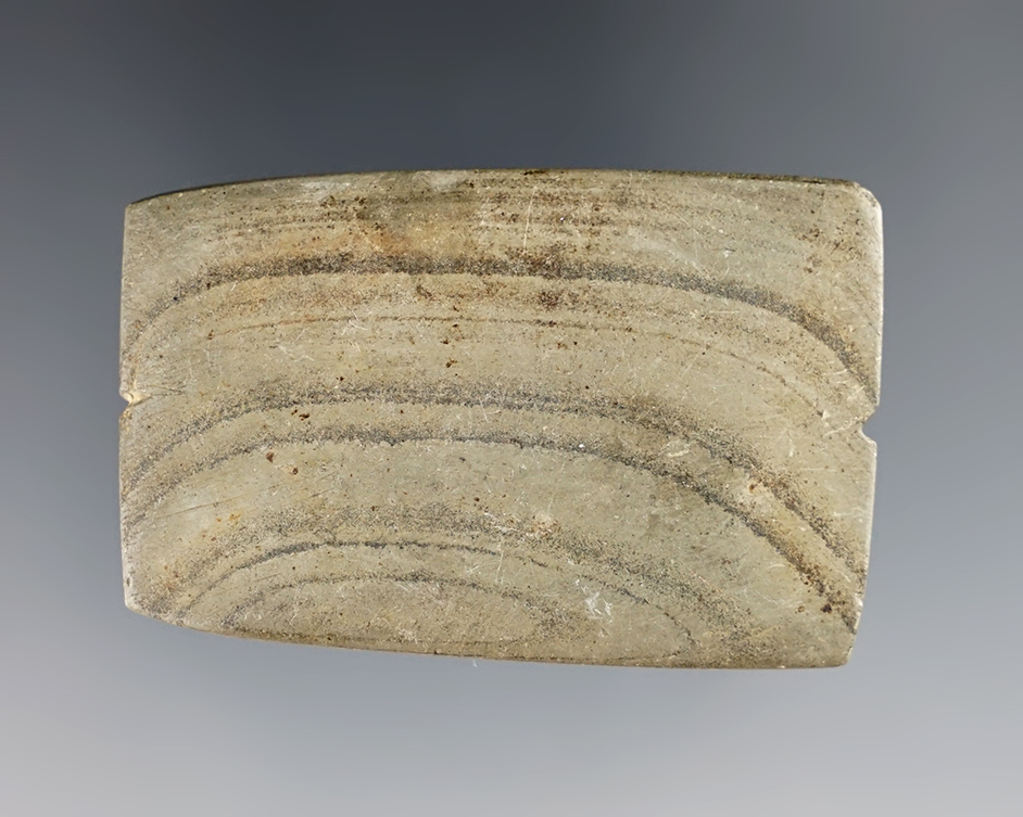 2 3/16" Highly Unique Banded Slate Celt with a groove. Found in Huron Co., Ohio. 