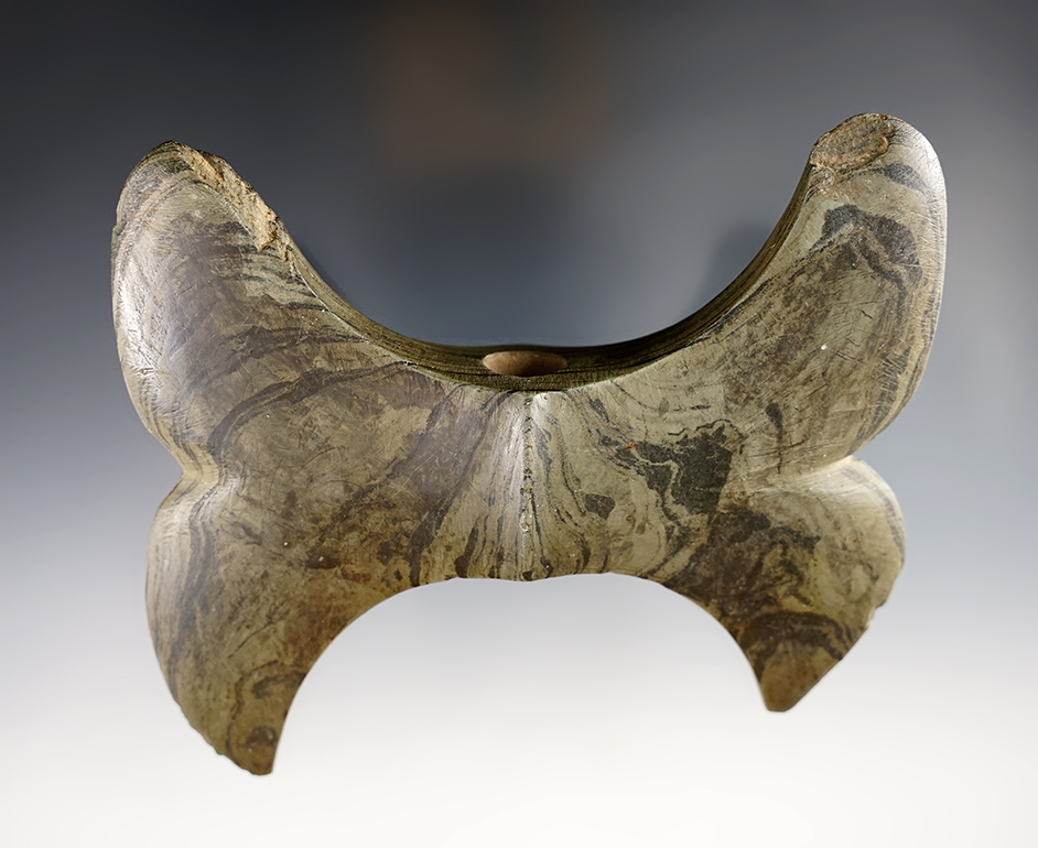 4 7/8" Double Crescent Bannerstone, St Joseph Co., Indiana. Restored at the barrel. Pictured.