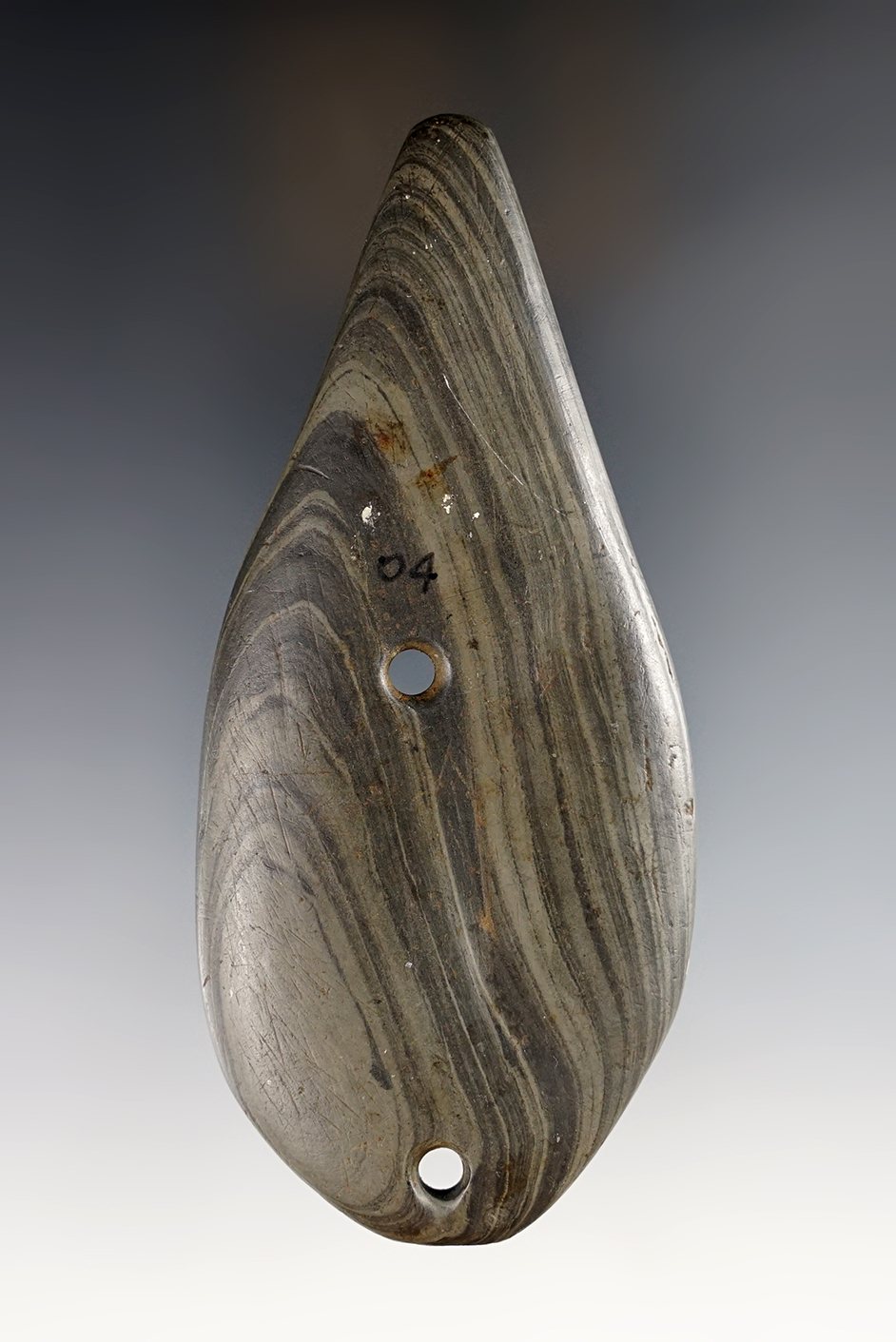 Nice 4 1/2" Gorget found in Monroe Township, Kosciusko Co., Indiana. Made from Banded Slate. 