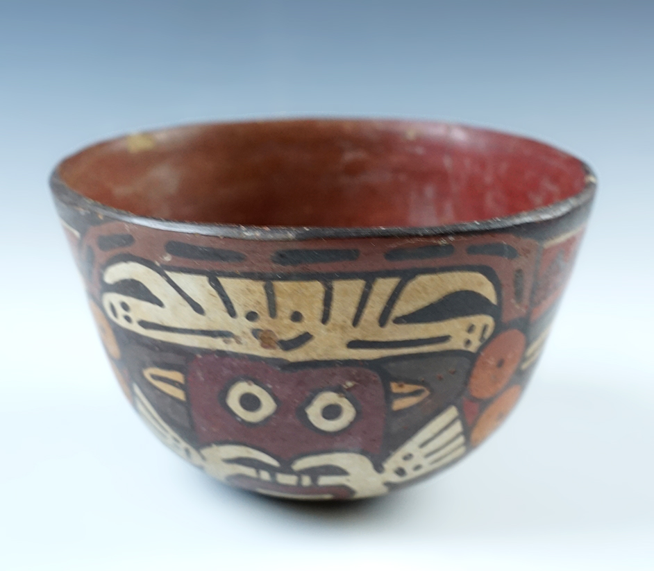 4 5/8" wide by 2 5/8" tall Nazca Bowl with one stabilized pressure crack, no filler, South America. 