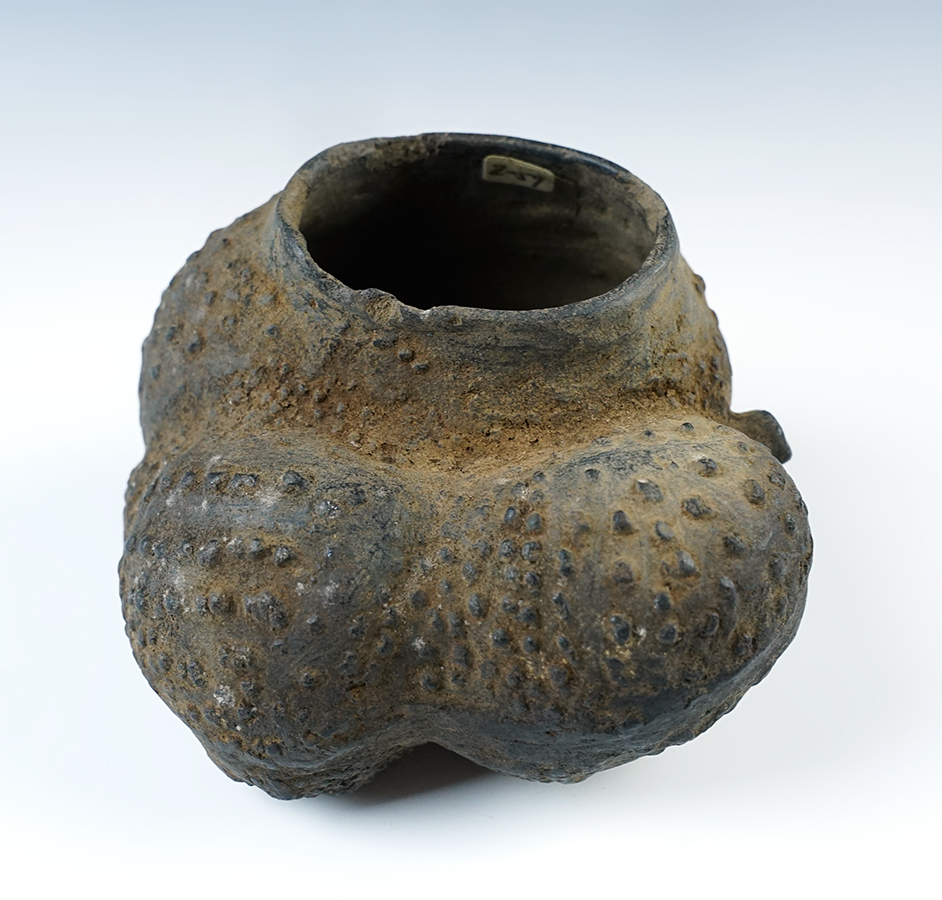 4 3/8" wide x 2 1/2" tall Chimu Gourd Effigy Pottery Vessel with an anciently salvaged rim area.