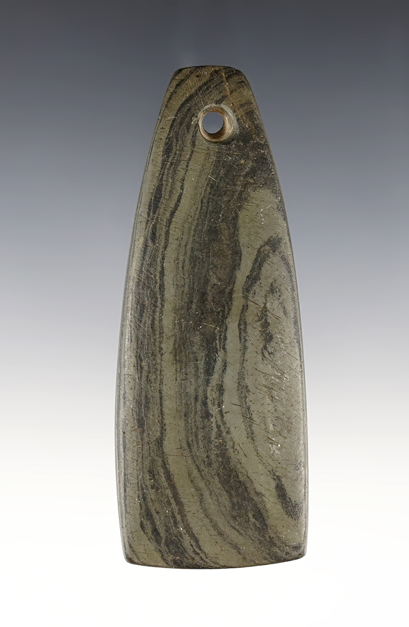 Well made 3 15/16" Trapezoidal Pendant found in the Ohio/Indiana area. Made from Banded Slate.