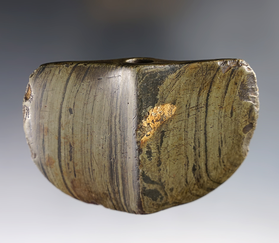 3 1/2" wide Banded Slate Wing Bannerstone found in Hancock Co., Indiana. Davis COA, G-8.