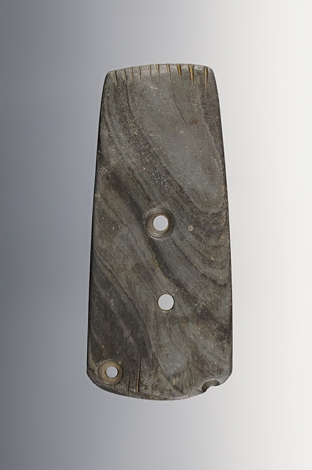 3 1/4" anciently salvaged Ohio Gorget with well defined tallies on one end. Davis COA.