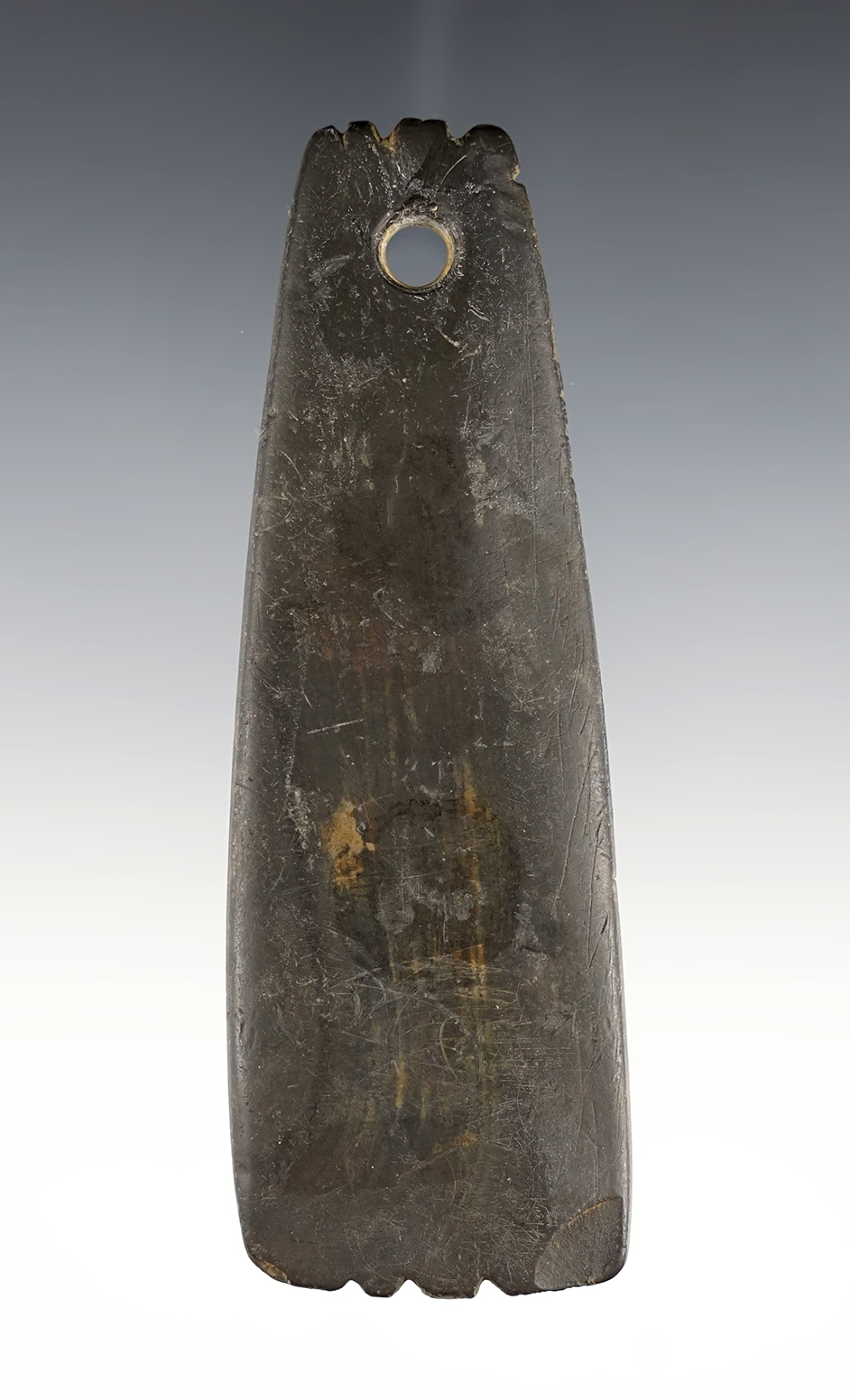 4 3/8" black Slate Pendant that is deeply tallied on the top and bottom. Found in Ohio. Ex. Hovan.