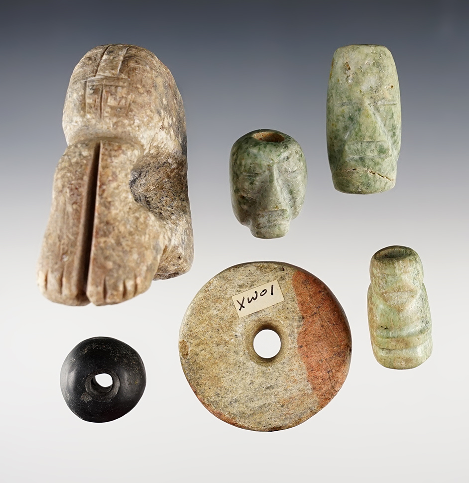 Set of 6 Pre-Columbian Beads made from a nice variety of materials. The largest is 2 7/8".
