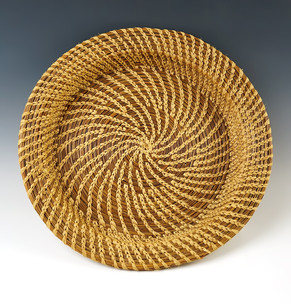11 1/2" diameter beautifully woven bear grass and yucca fiber Papago Bowl. 1930's.