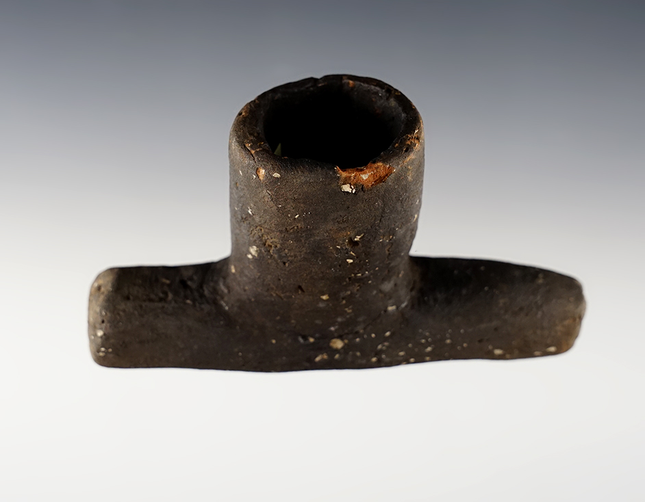 4" x 2 1/4" Shell-tempered clay pipe, recovered in Arkansas, with some restoration.