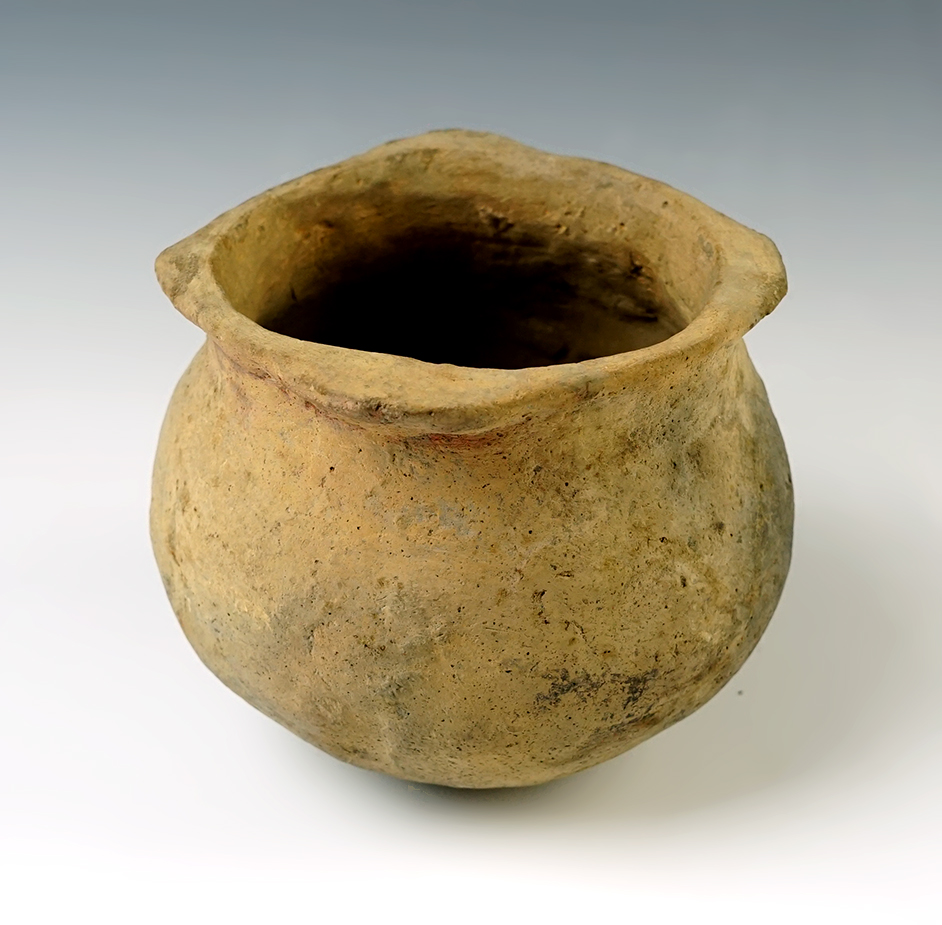 4 1/4" wide x 3 1/2" tall Mississippian pottery vessel in solid condition. 