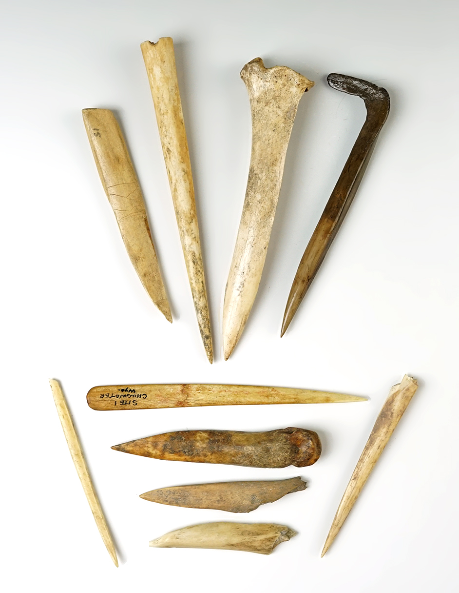 Set of 10 Bone Awls from various locations. The largest is 6 3/4".