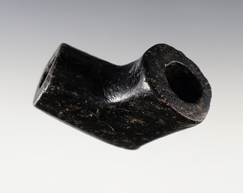 Well polished 1 7/16" tall Elbow Pipe made from black Steatite. Found in Scioto Co., Ohio.