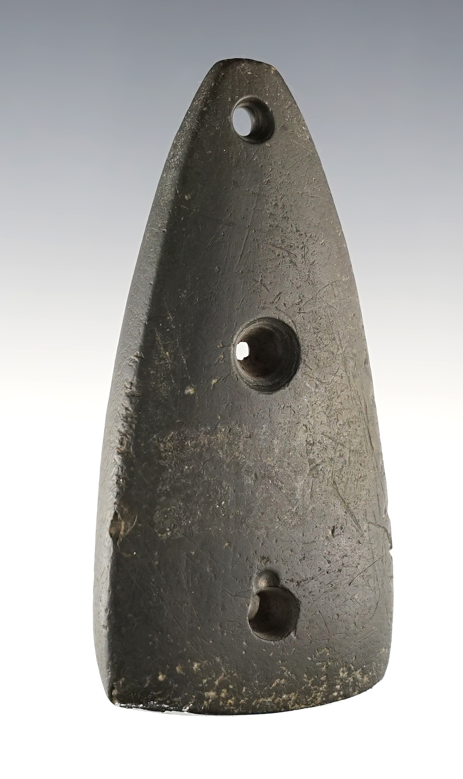 3 1/16" unique 3-Hole Gorget - anciently salvaged and tallied. Ross Co., Ohio. Bennett COA.