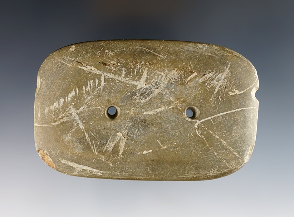 Anciently salvaged 3 3/4" Gorget found in Michigan. Well patinated.