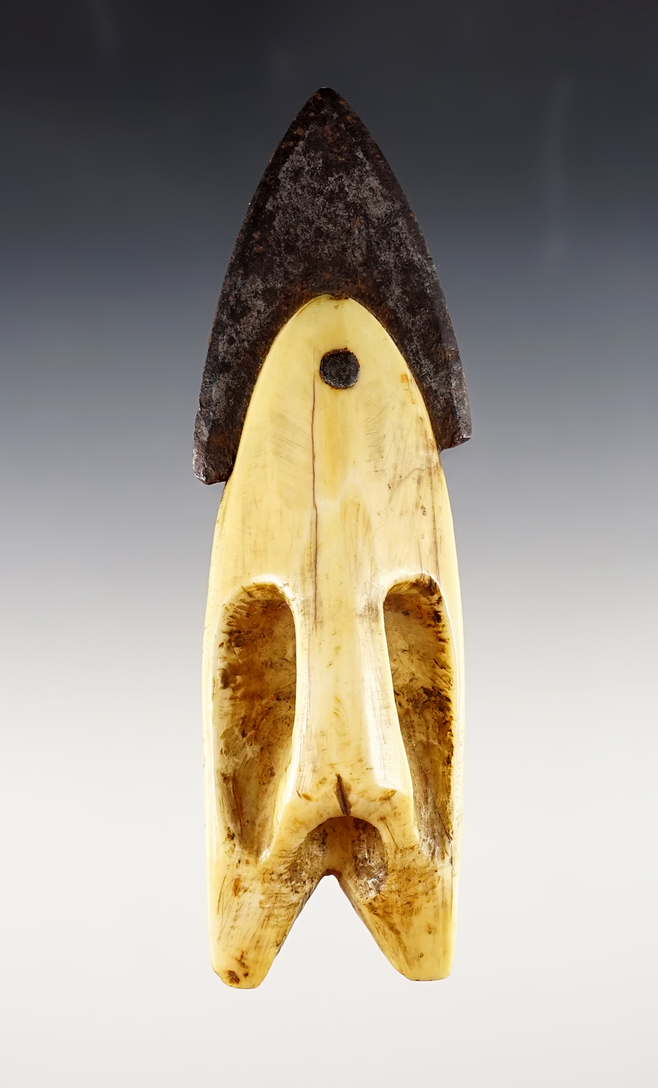5 1/2" long Eskimo ivory and metal harpoon spear point, recovered in Alaska circa late 1800's.