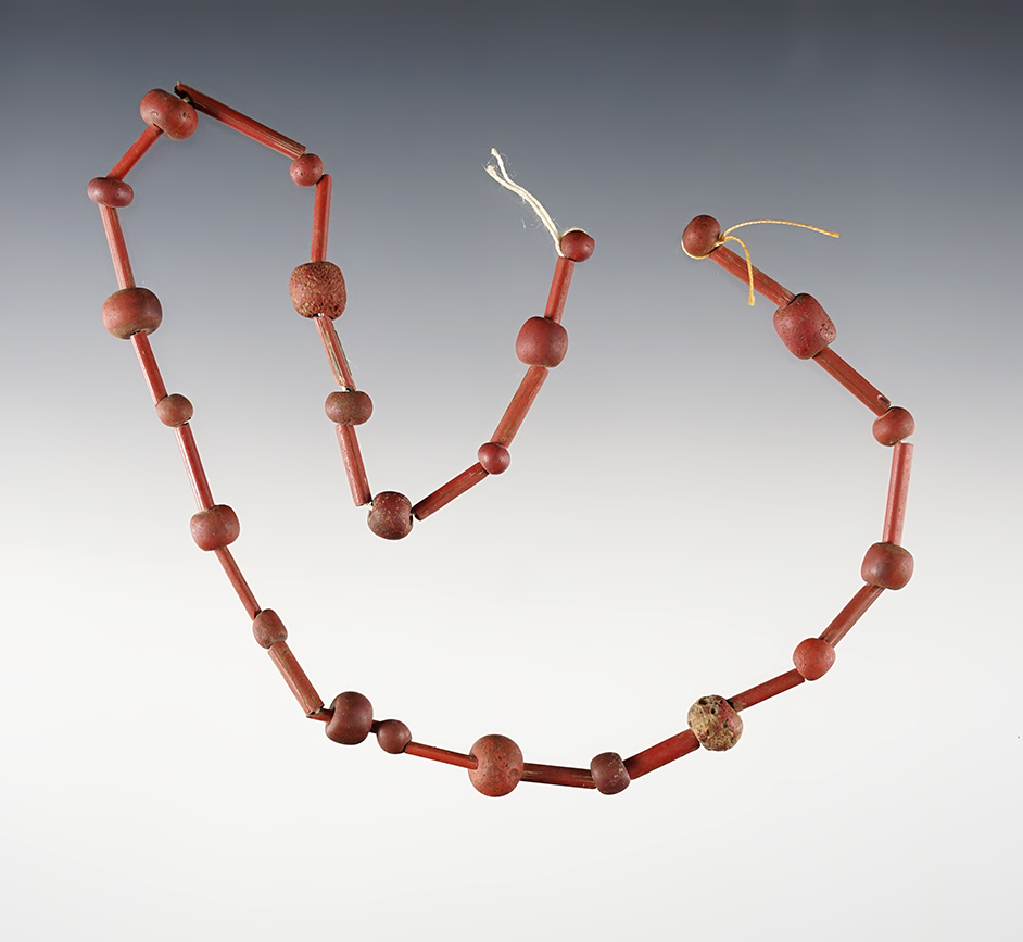 15" Strand of Red Straw and Redwood Round Beads - Dann Site, Lima, Monroe Co., New York.
