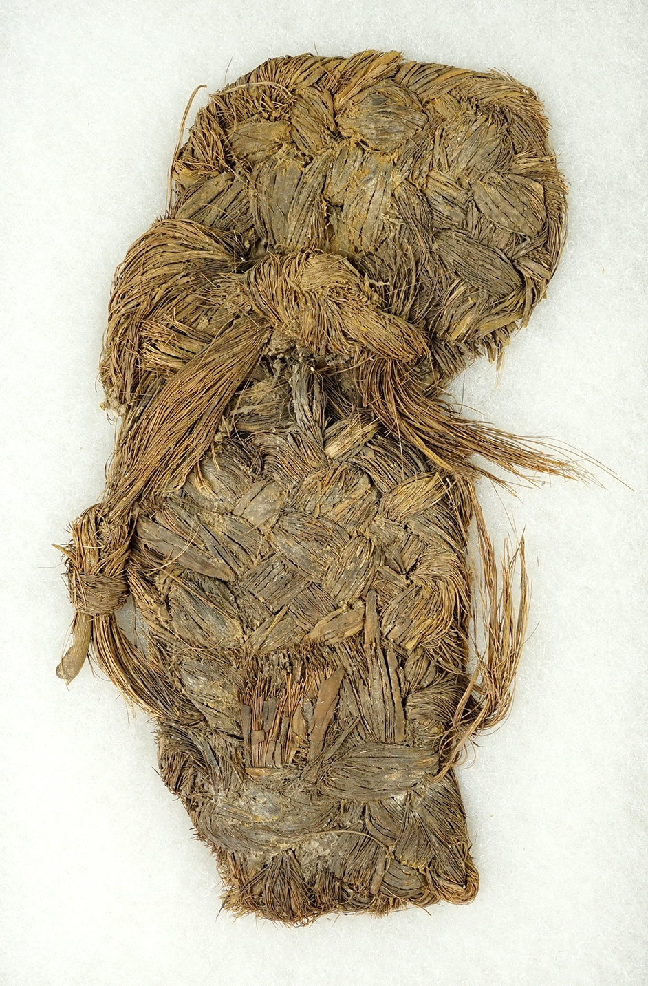 9 1/4" long x 4 1/4" wide Anasazi textile plaited yucca plant sandal. Recovered in Arizona. 