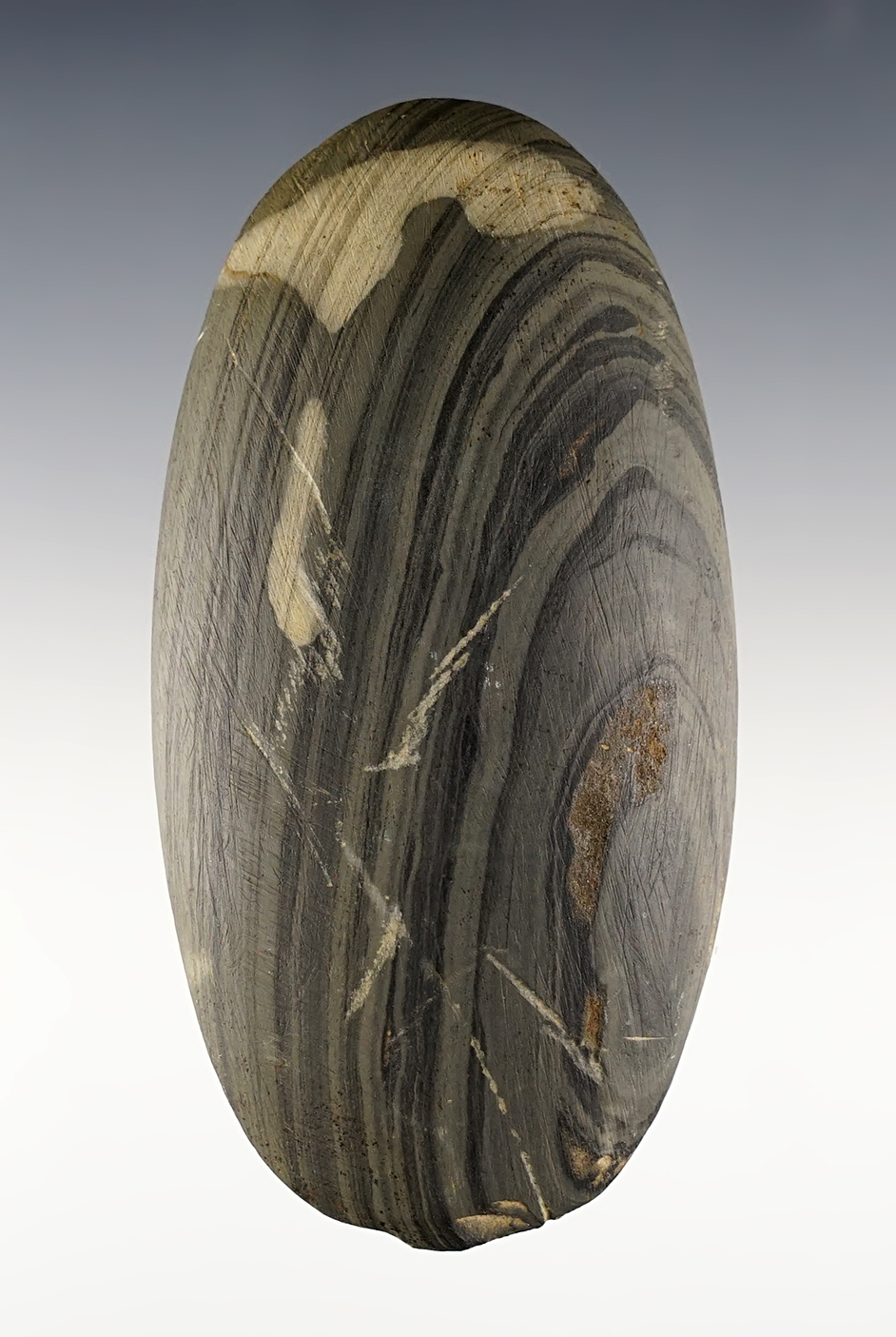 Very nice 4 1/8" undrilled Oval Gorget found in Warren Co., Indiana. Ex. Ramp. Bennett COA.