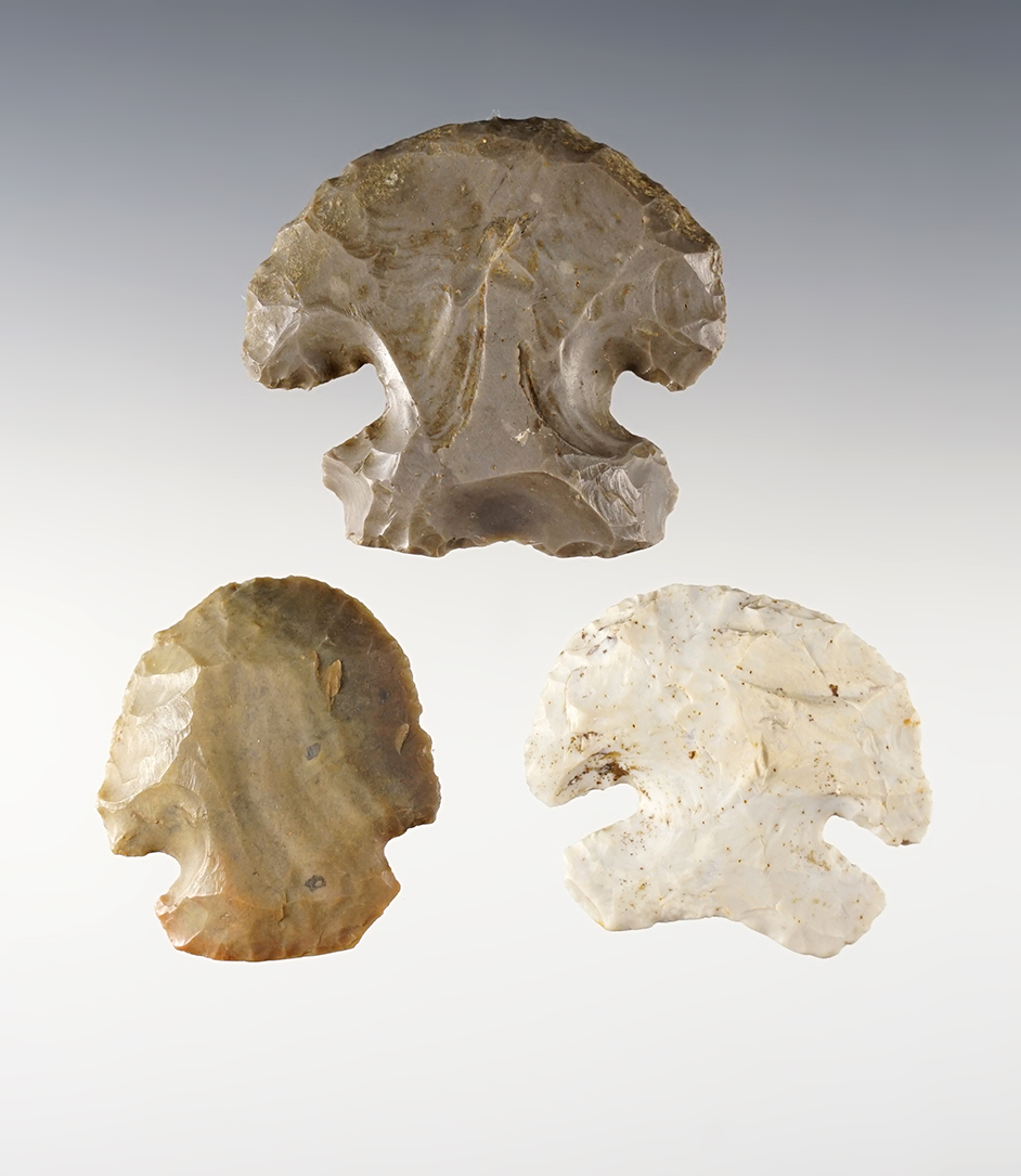 Set of 3 fine Thebes Hafted Scrapers found in Ohio. The largest is 2" wide.