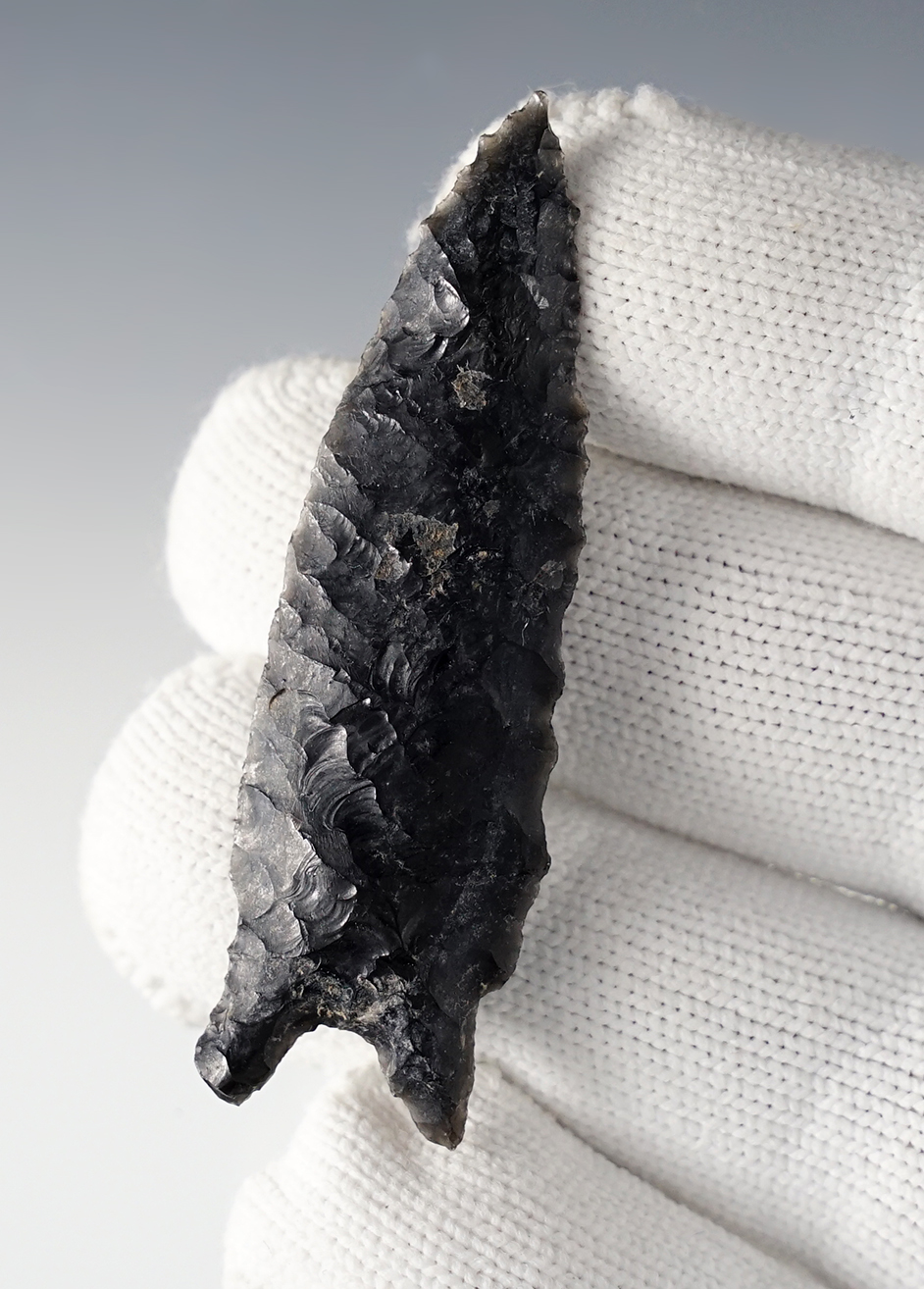 Well flaked 2 3/8" Pinto Basin made from Obsidian. Found in Southern Oregon.