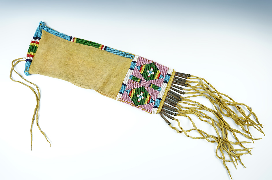 14" x 4 1/2" vintage Beaded Leather Pipe Bag with 10" drops from the early to mid 1900's.