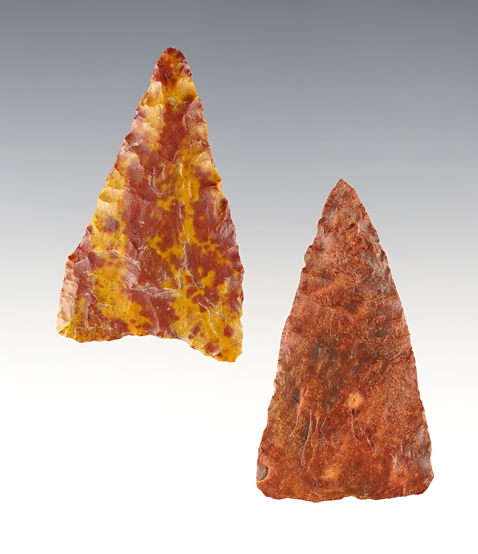 Pair of highly colored points including a Plateau Pentagonal and a Triangular Knife. 