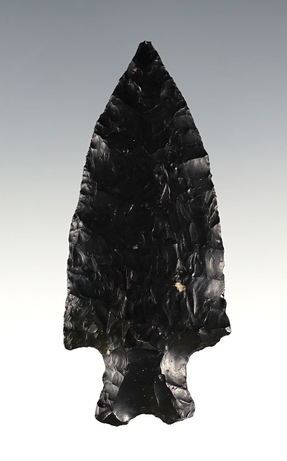 2 3/16" Gatecliff Split-Stem - Obsidian. Found near Mud Lake, Idaho. Stermer COA.