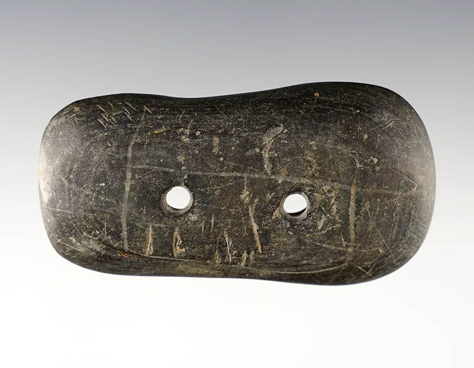 Rare 2 5/8" miniature Hopewell Gorget with engravings. Found in Mercer Co., Ohio. Ex. Kley.