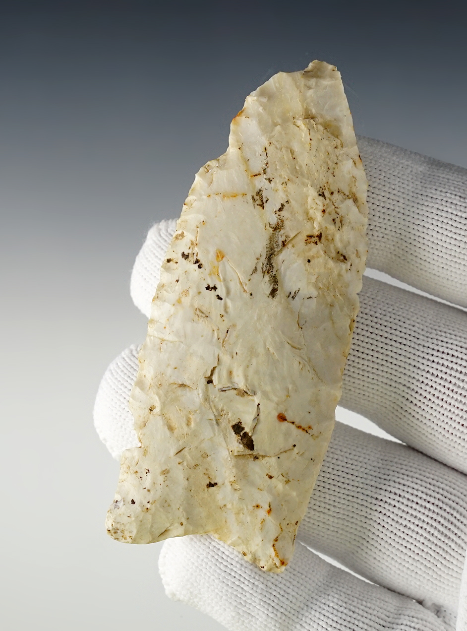 3 5/8" Clovis made from patinated Burlington Chert. Found in Monroe Co., IL.  Stermer COA.