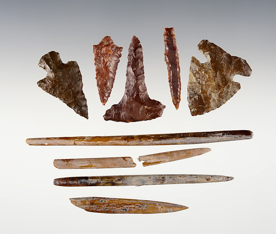 Set of 10 relics including 3 points, 5 Bone pieces and 2 Drills.  Found near the Columbia River