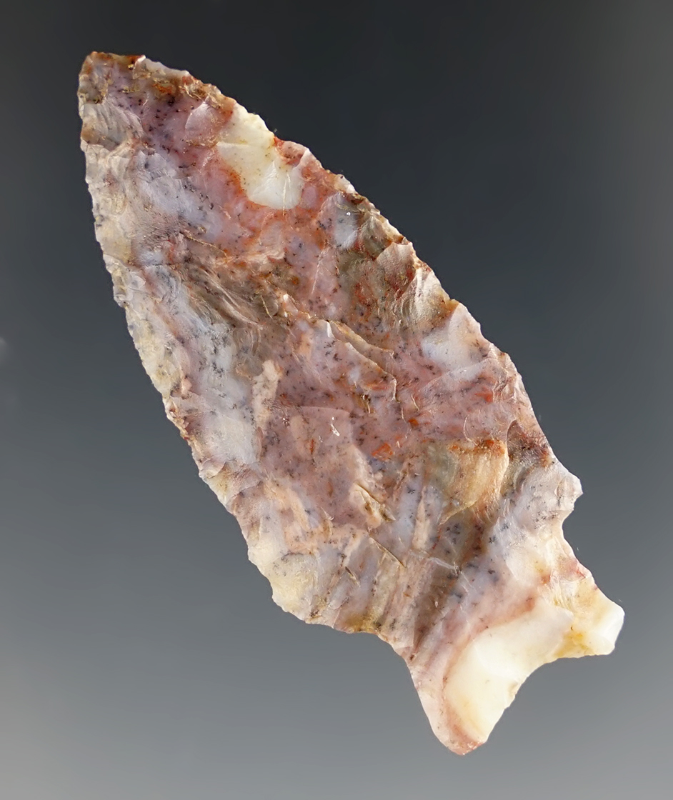 Highly colorful 2 1/8" Hanna made from Alibates. Found in Baca Co., Colorado. 