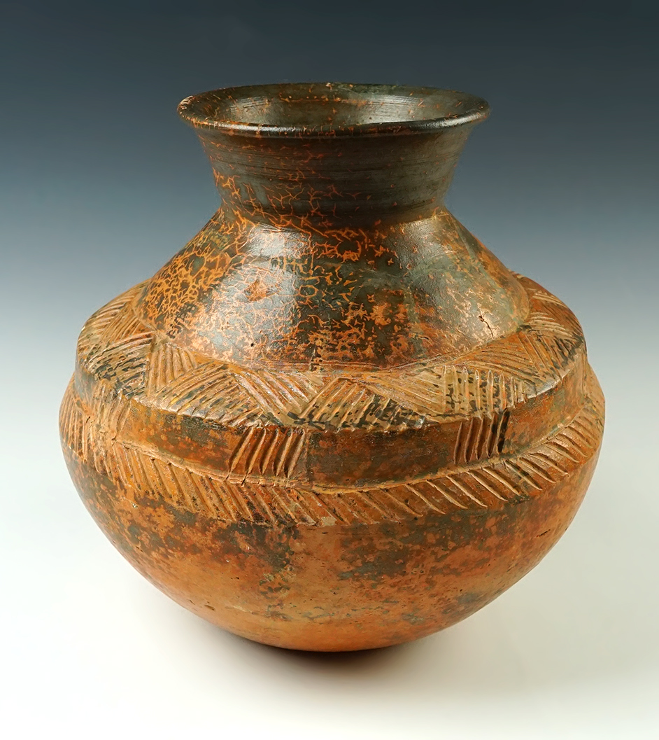 Large 8" ancient pottery vessel with some restored cracks. Exact found location unknown. 