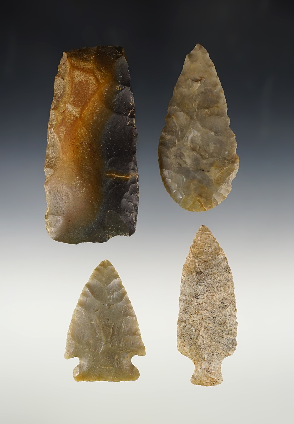 Set of 4 nicely made Kentucky flint artifacts including a polished Celt. The largest is 3 3/4".