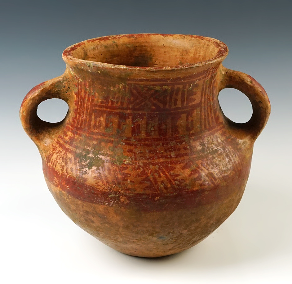 7 1/4" wide by 6 1/4" tall ancient handled pottery jar - nice exterior paint - Mayan influenced. 