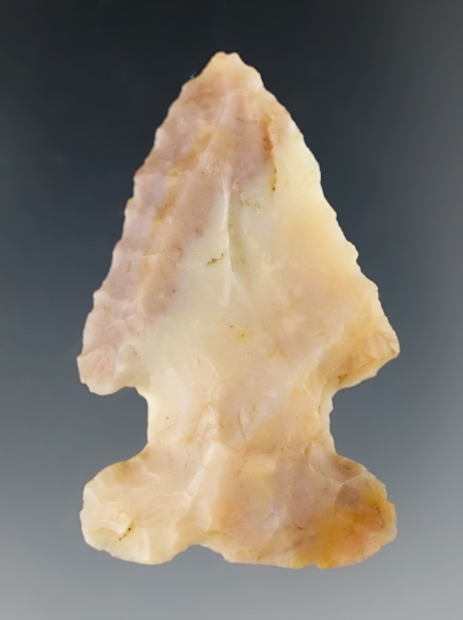 Steeply beveled 2" Thebes made from beautiful Flint Ridge Flint. Found in Washington Co., OH.