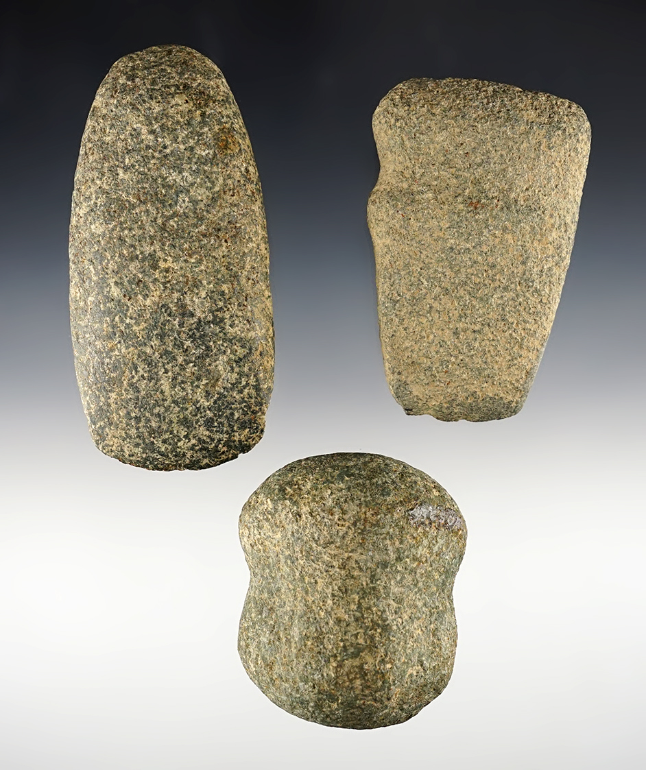 3 stone artifacts found by Larry Morris in Ohio. Set includes an Axe, Celt and a  Hammerstone.
