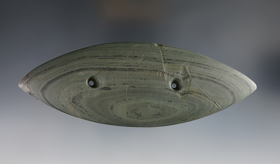 6" Bi-pointed Gorget with slight restoration to 3/8" of one end. Found in Seneca Co., Ohio. 