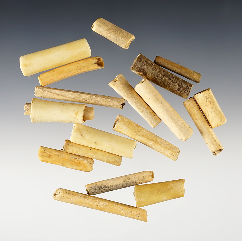 Set of 19 Tubular Bone Beads found at the Hunt Site in Belmont Co., Ohio. The largest is 1 7/8"