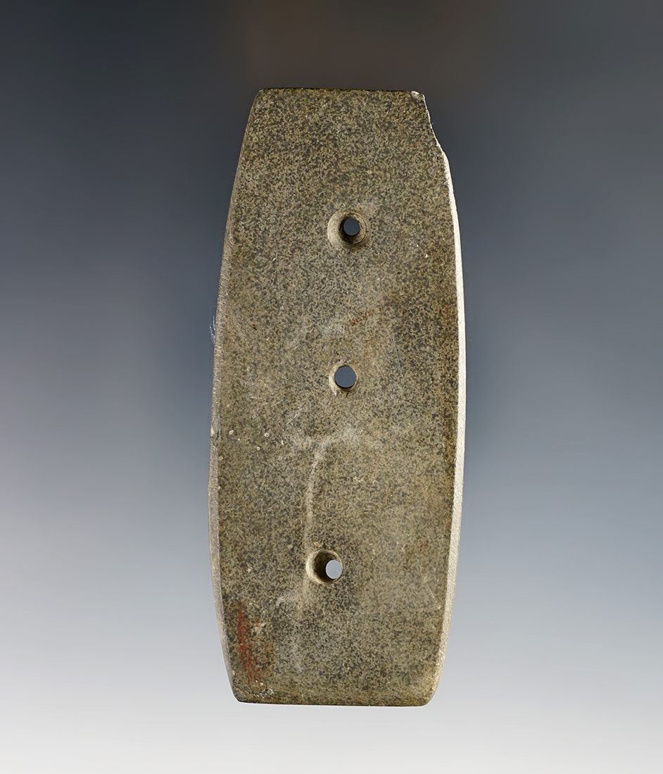  3 3/4" long Three Hole Gorget made from Hardstone. Found in Delaware Co., Indiana.
