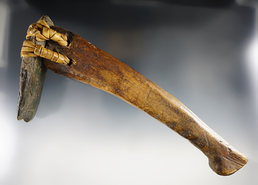 Rare! 10 5/8" Inuit Jadeite Celt hafted into its original carved wooden handle. Found in Alaska. 