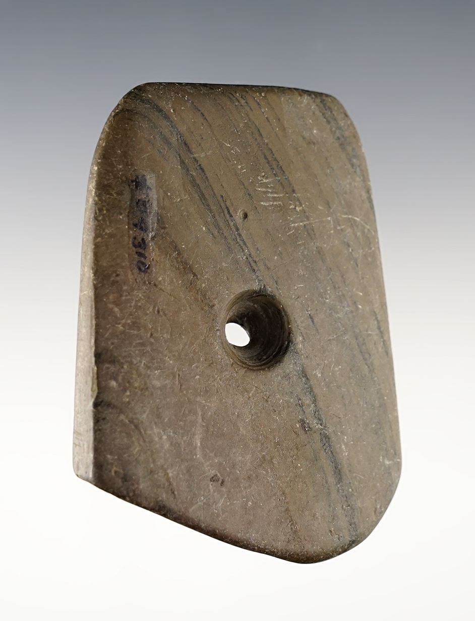 2 13/16" anciently salvaged Pendant found in Jay Co., Indiana. Patinated Banded Slate.